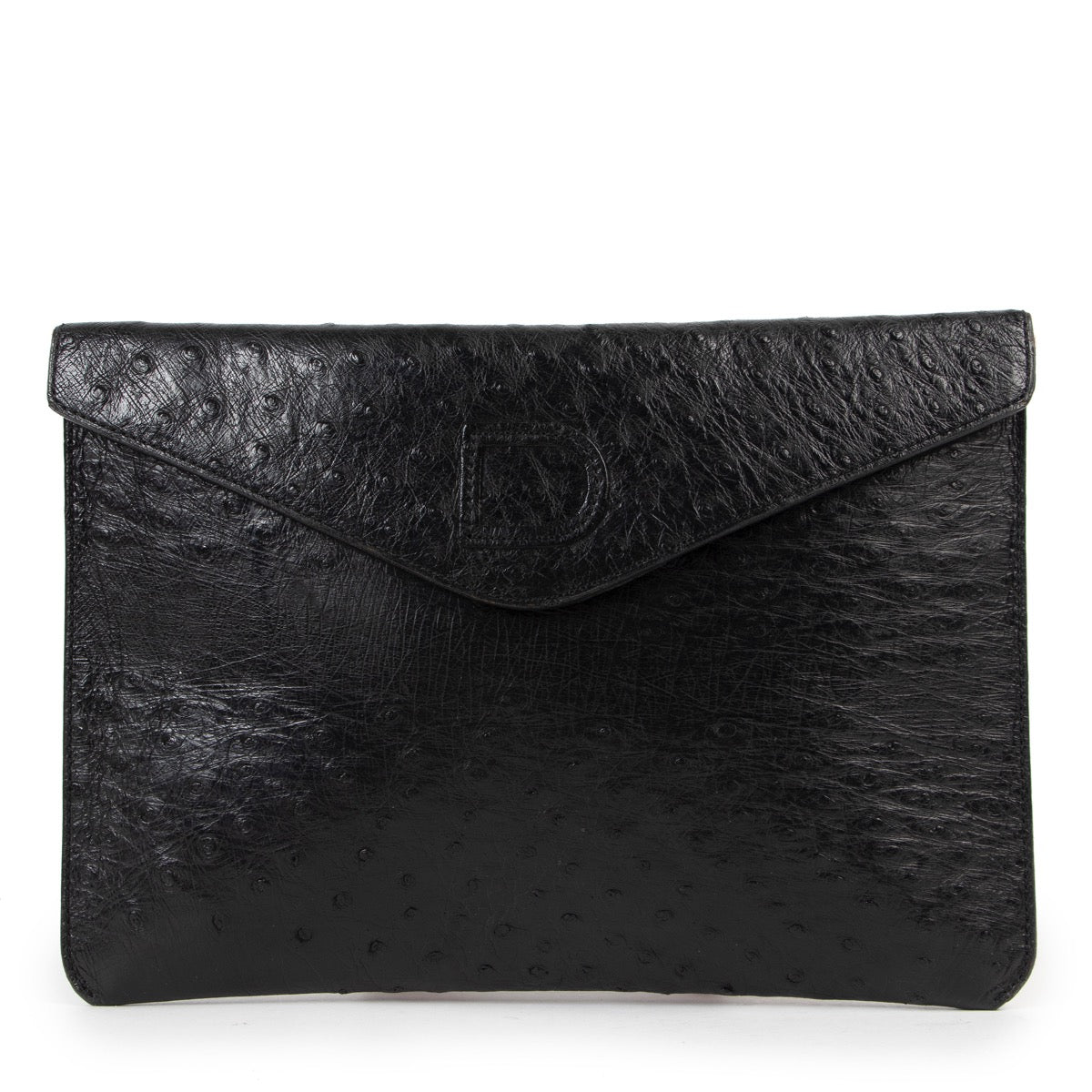 Buy an authentic second hand Delvaux Black Ostrich Leather Envelop Clutch in very good condition at Labellov