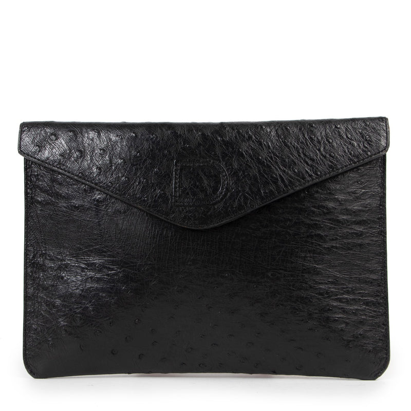 Buy an authentic second hand Delvaux Black Ostrich Leather Envelop Clutch in very good condition at Labellov