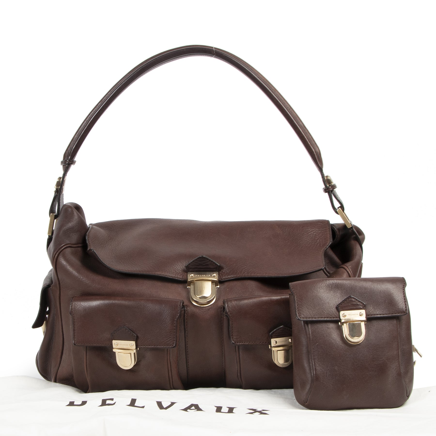 koop en verkoop uw authentieke designer handtassen aan de beste prijs Delvaux Coquin Poches Brown Bridon Shoulder Bag