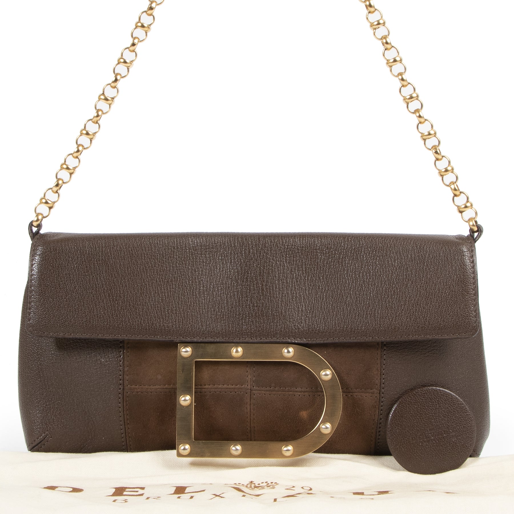 100% authentic Delvaux Brown Suede Patchwork Louise Chain Shoulder Bag