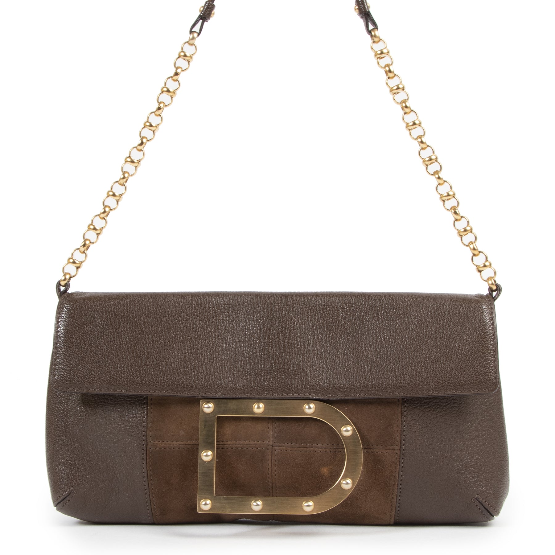 Delvaux Brown Suede Patchwork Louise Chain Shoulder Bag