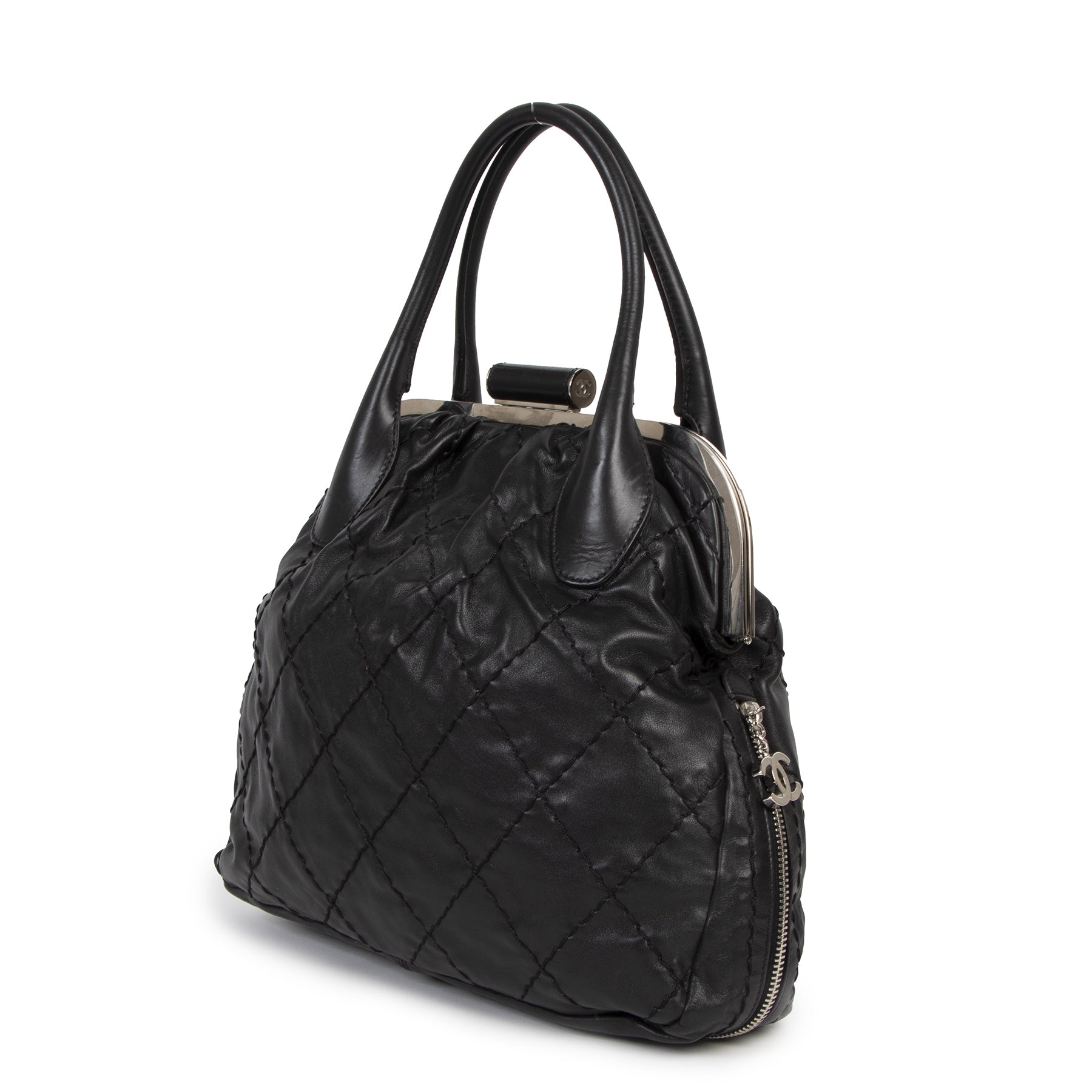 Authentieke Tweedehands Chanel Black Expandable Zip Around Frame Bag juiste prijs veilig online shoppen luxe merken webshop winkelen Antwerpen België mode fashion
