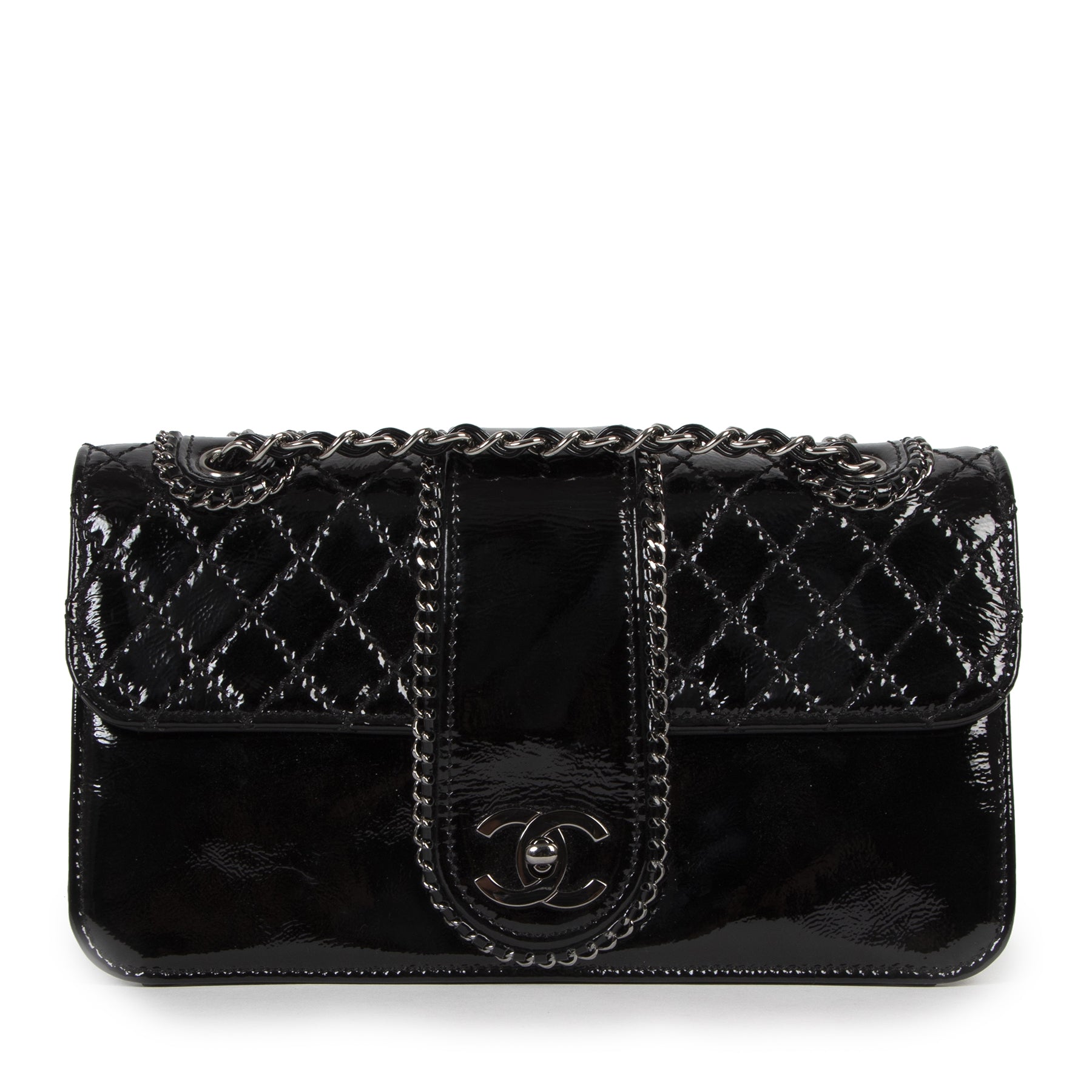 Authentic secondhand Chanel Black Patent Leather Madison Flap Bag designer bags luxury vintage webshop fashion safe secure online shopping