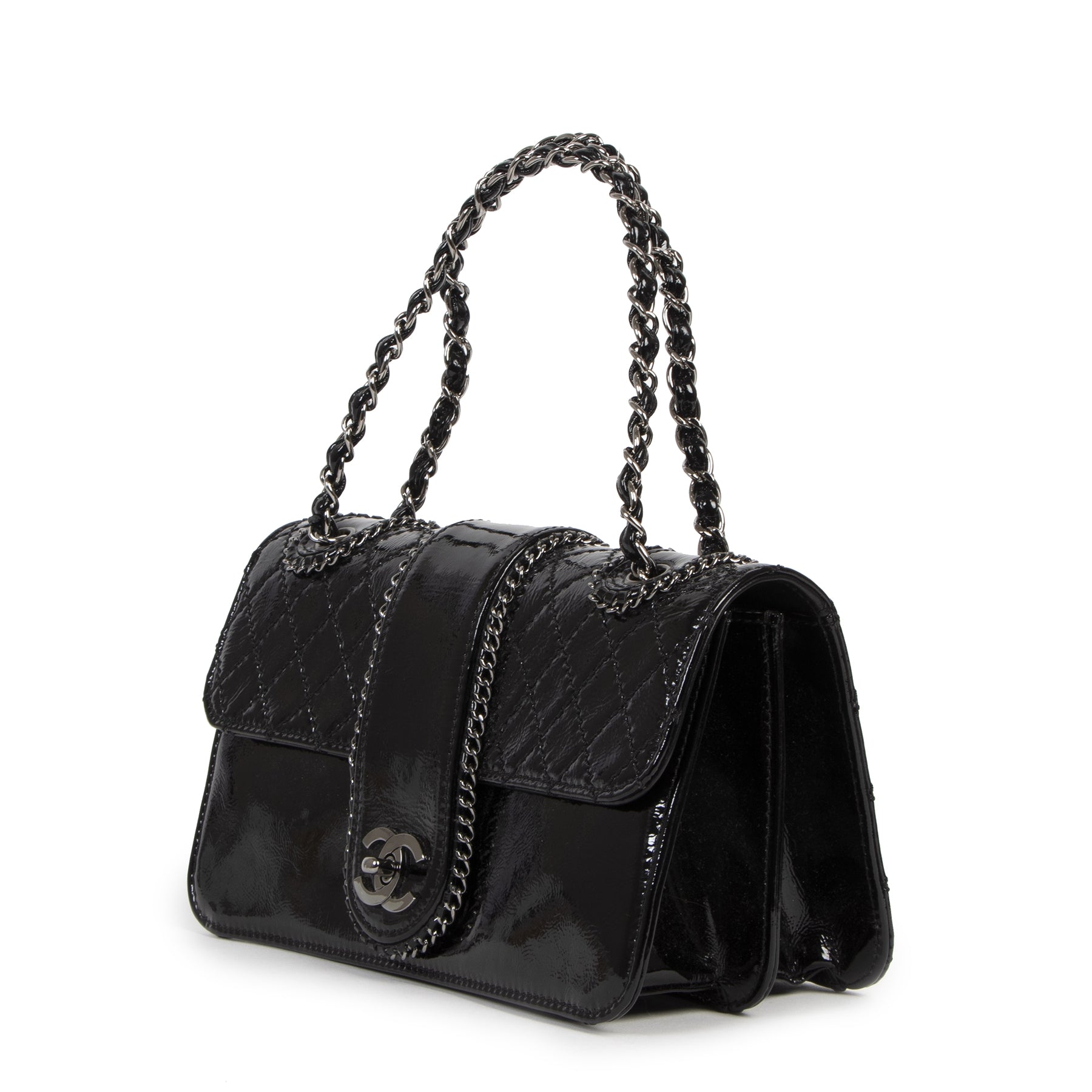Authentieke Tweedehands Chanel Black Patent Leather Madison Flap Bag juiste prijs veilig online shoppen luxe merken webshop winkelen Antwerpen België mode fashion