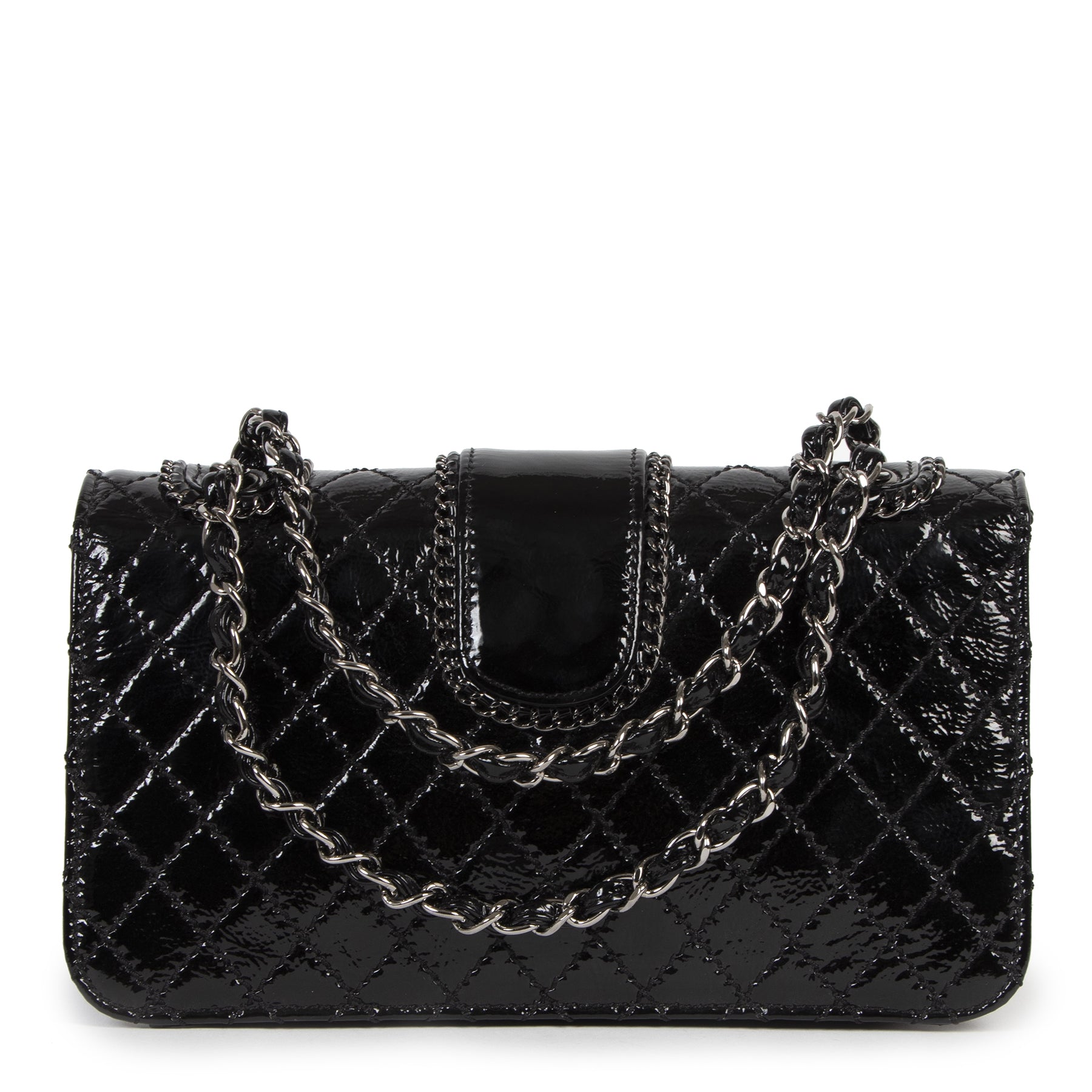 Authentieke Tweedehands Chanel Black Patent Leather Madison Flap Bag juiste prijs veilig online shoppen luxe merken webshop winkelen Antwerpen België mode fashion