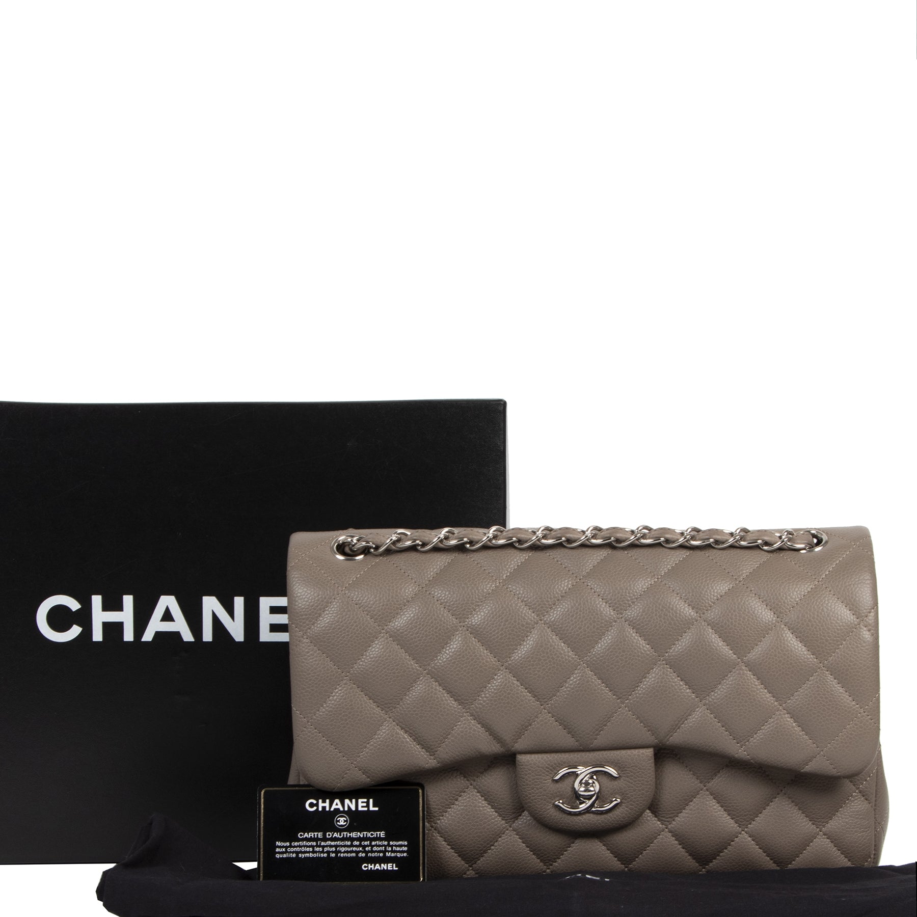 Koop en verkoop uw authentieke designer Chanel Jumbo Classic Flap Bag Caviar Taupe PHW