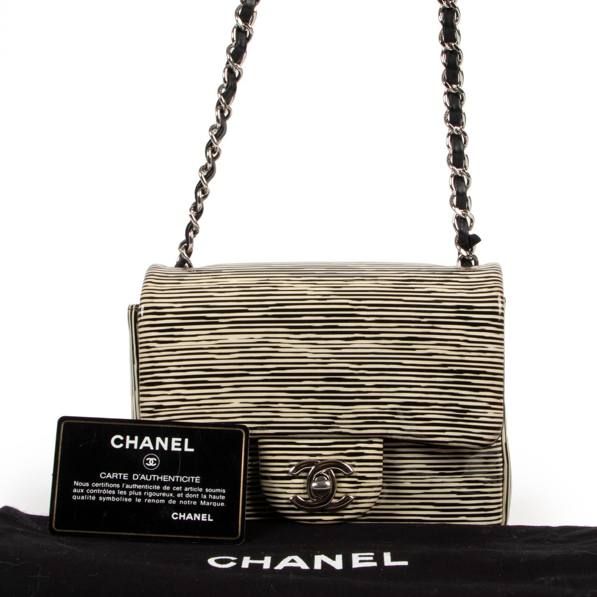 Shop exclusive runway vintage designer Chanel Resort 2014 Striped Patent Leather Mini Square Classic Flap Bag at Labellov