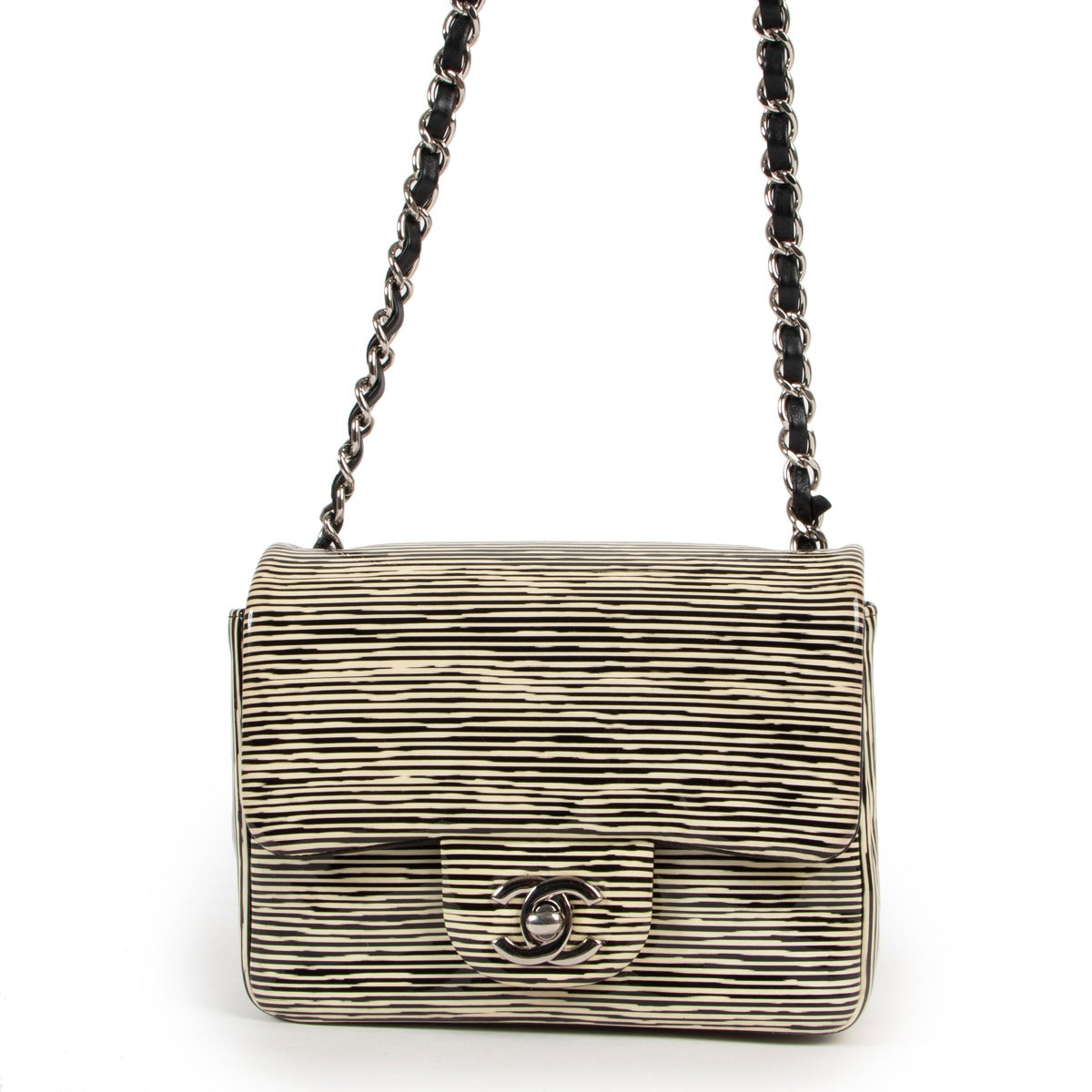 Shop exclusive runway vintage designer Chanel Resort 2014 Striped Patent Leather Mini Square Classic Flap Bag at Labellov