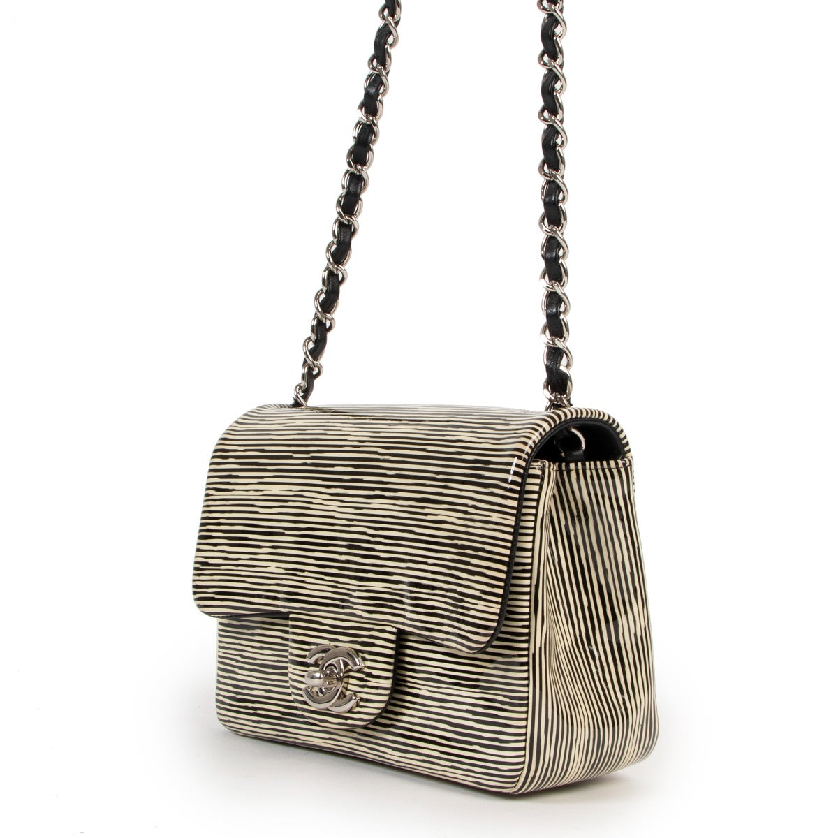 Shop exclusive runway vintage designer Chanel Resort 2014 Striped Patent Leather Mini Square Classic Flap Bag at Labellov