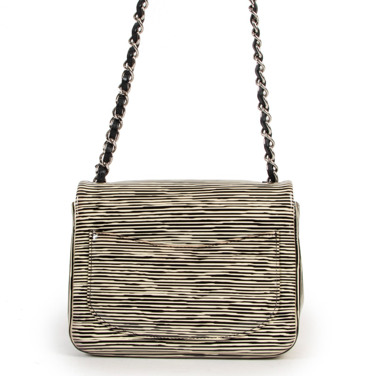 Shop exclusive runway vintage designer Chanel Resort 2014 Striped Patent Leather Mini Square Classic Flap Bag at Labellov