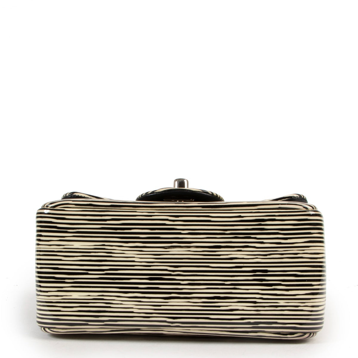 Shop exclusive runway vintage designer Chanel Resort 2014 Striped Patent Leather Mini Square Classic Flap Bag at Labellov