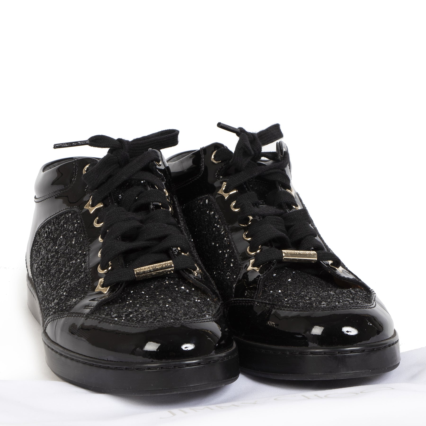 Authentieke tweedehands vintage Jimmy Choo Miami Patent Leather Glitter Sneakers koop online webshop LabelLOV