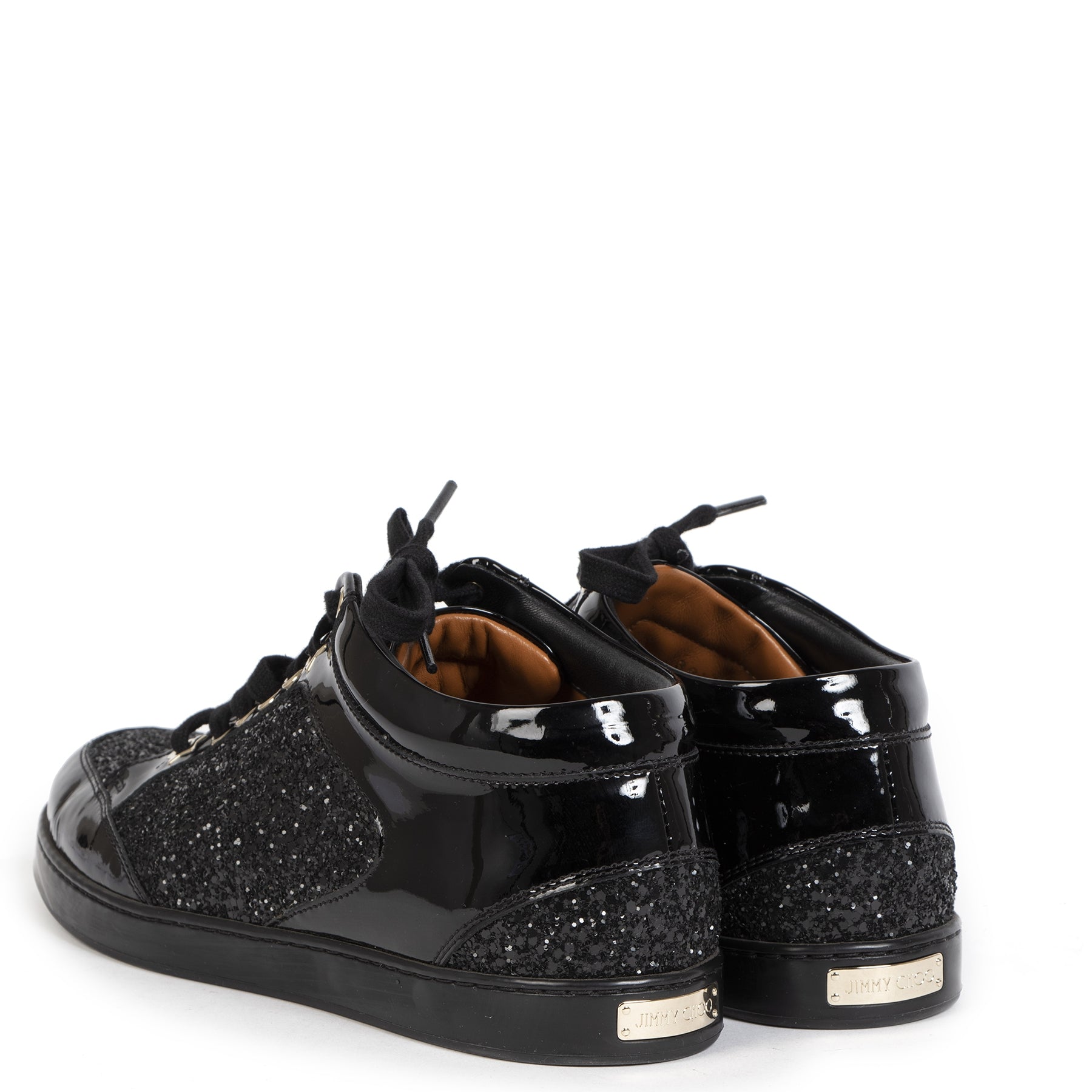 Authentieke tweedehands vintage Jimmy Choo Miami Patent Leather Glitter Sneakers koop online webshop LabelLOV