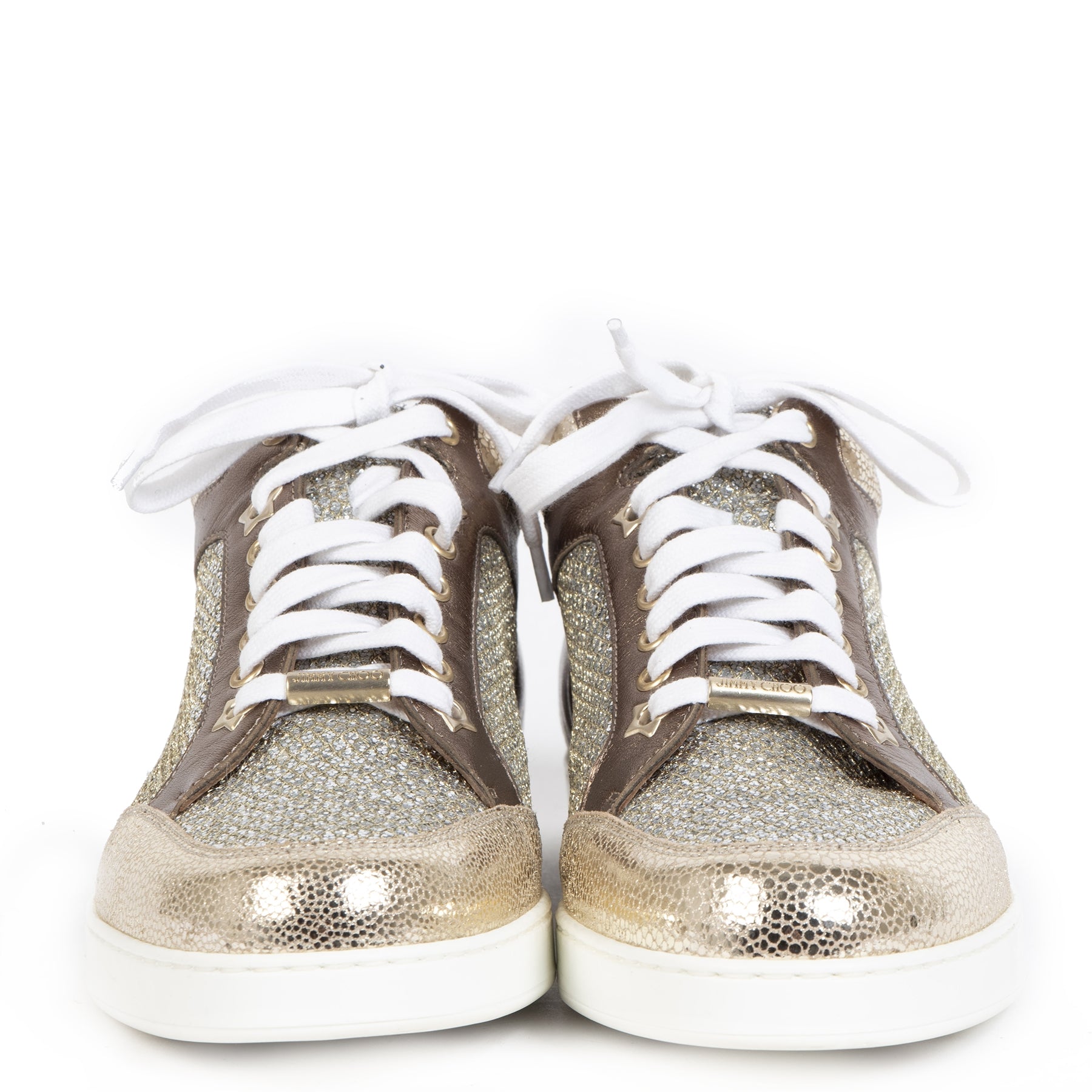 Authentieke tweedehands vintage Jimmy Choo Miami Bronze Champagne Sneakers koop online webshop LabelLOV
