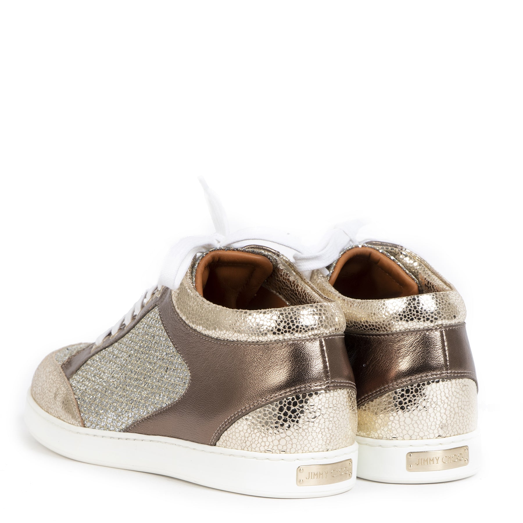 Authentique seconde-main vintage Jimmy Choo Miami Bronze Champagne Sneakers achète en ligne webshop LabelLOV