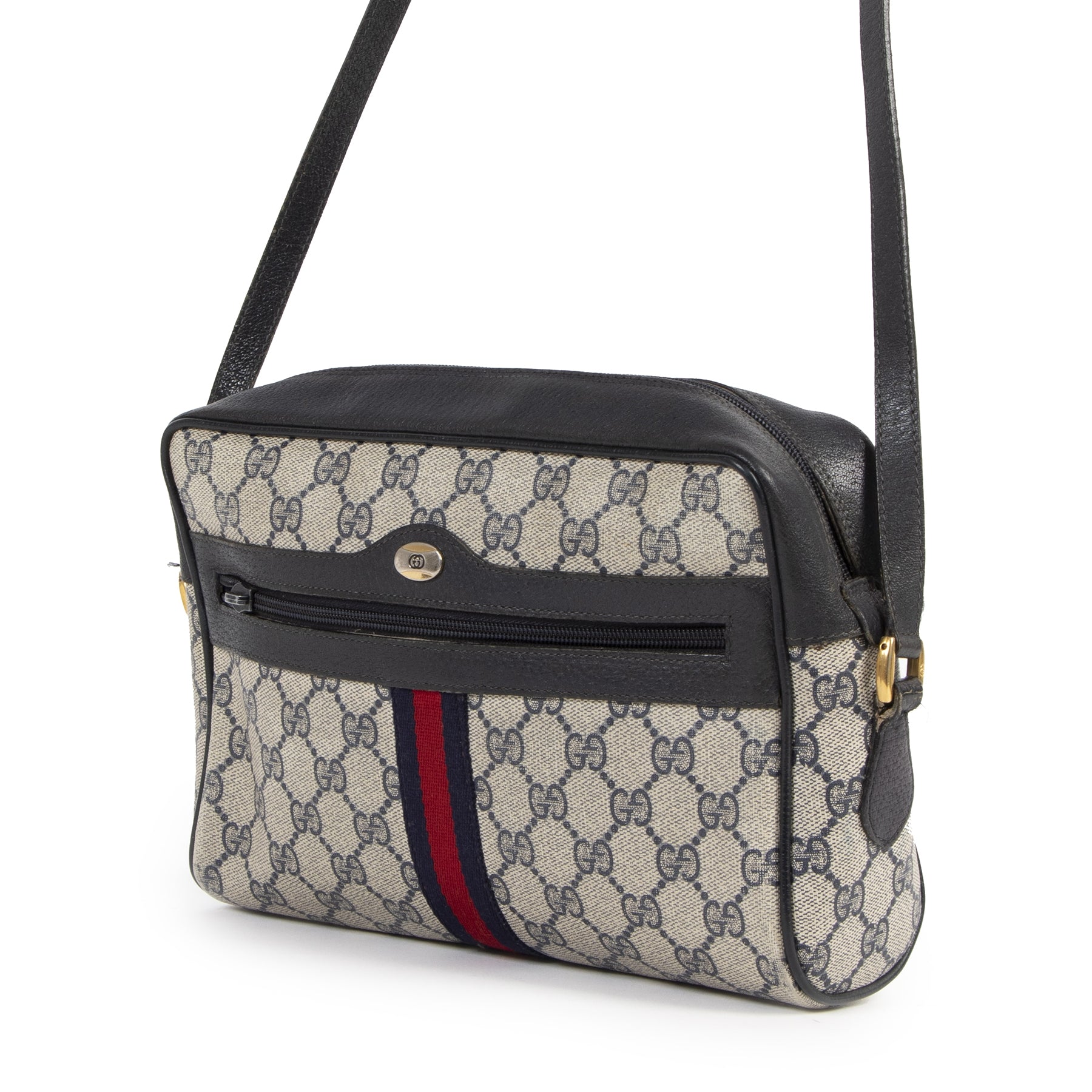 Authentieke Tweedehands Gucci Web Monogram Blue Stripe Crossbody Bag juiste prijs veilig online shoppen luxe merken webshop winkelen Antwerpen België mode fashion