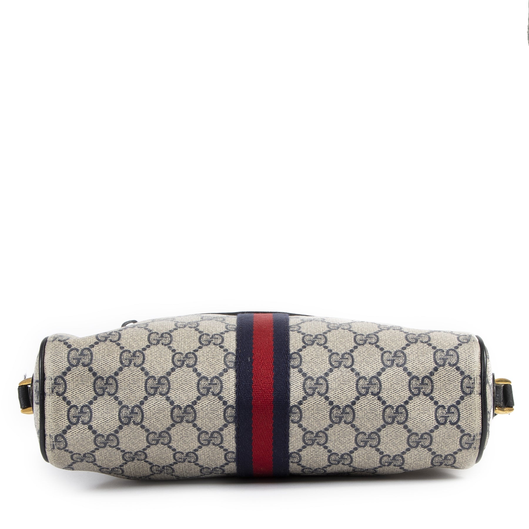 Authentieke Tweedehands Gucci Web Monogram Blue Stripe Crossbody Bag juiste prijs veilig online shoppen luxe merken webshop winkelen Antwerpen België mode fashion