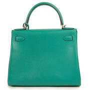 100% authentic Hermès Kelly Retourne 28 Verso Evercolor Vert Verone and Bleu Du Nord