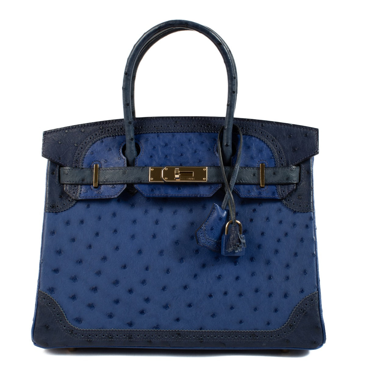 Hermès Birkin 30 Ghillies Bleu Saphir/Bleu Iris/Bleu de Malte Ostrich Permabrass