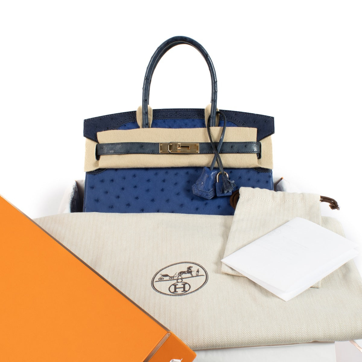 Authentic second hand vintage Hermès Birkin 30 Ghillies Bleu Saphir/Bleu Iris/Bleu de Malte Ostrich Permabrass on www.labellov.com