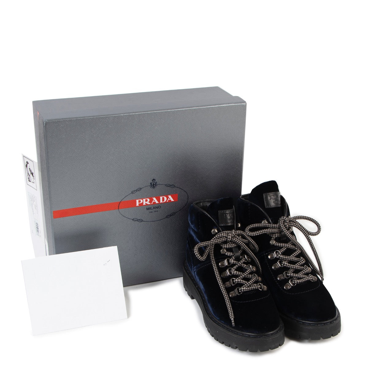 Buy online authentic second hand Prada Linea Rossa Blue Velvet Lace-Up Combat Boots- Size: 37,5 in very good condition at Labellov in Antwerp