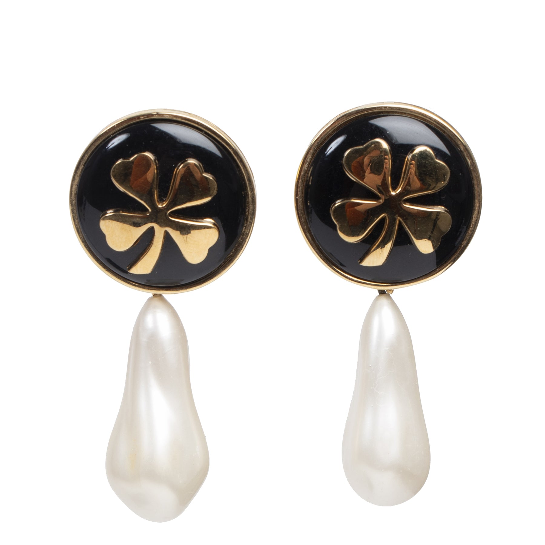 Chanel Vintage Four Leaf Clover Tear Drop Dangle Earrings