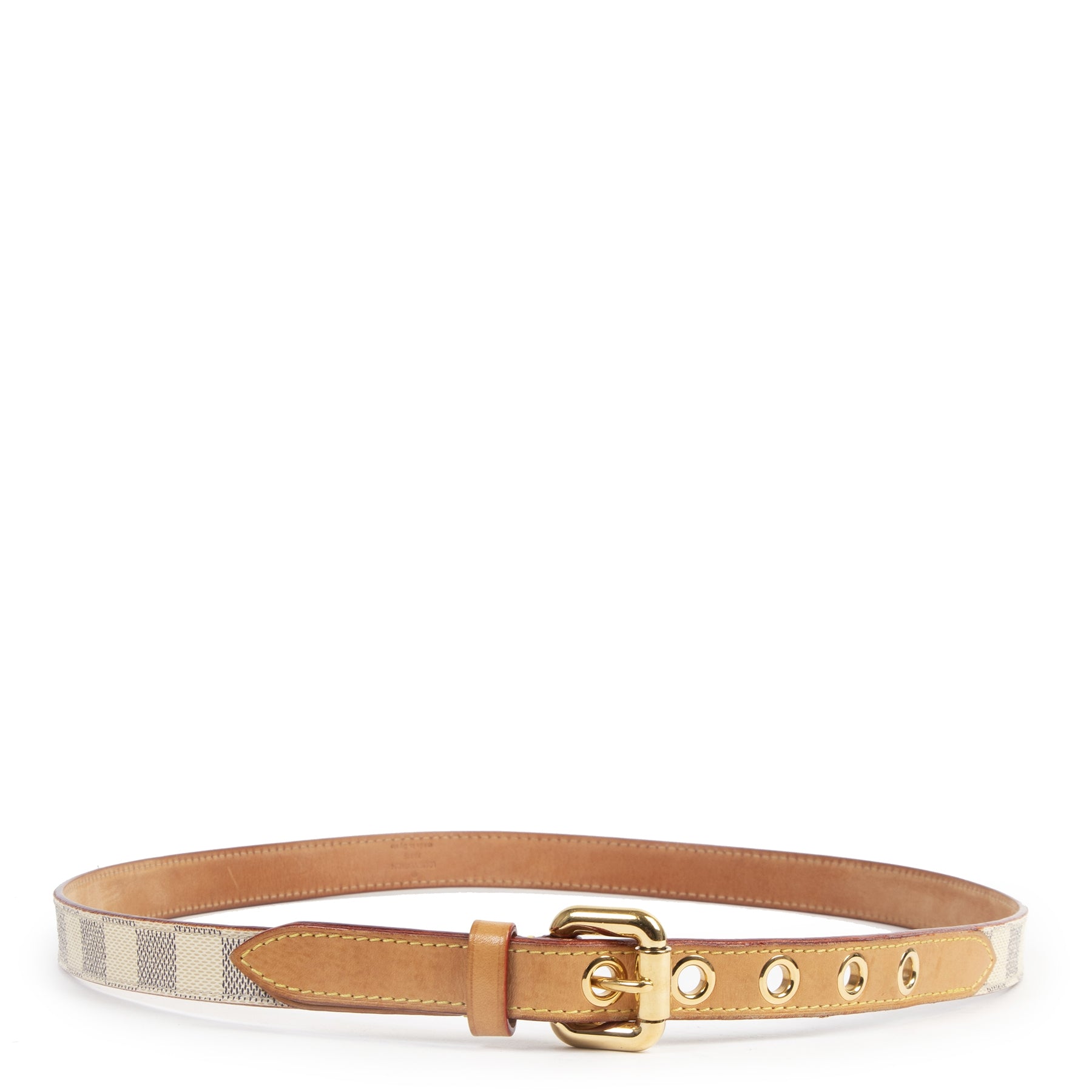 Authentieke Tweedehands Louis Vuitton Damier Azur Canvas Leather Belt - Size 90 juiste prijs veilig online shoppen luxe merken webshop winkelen Antwerpen België mode fashion