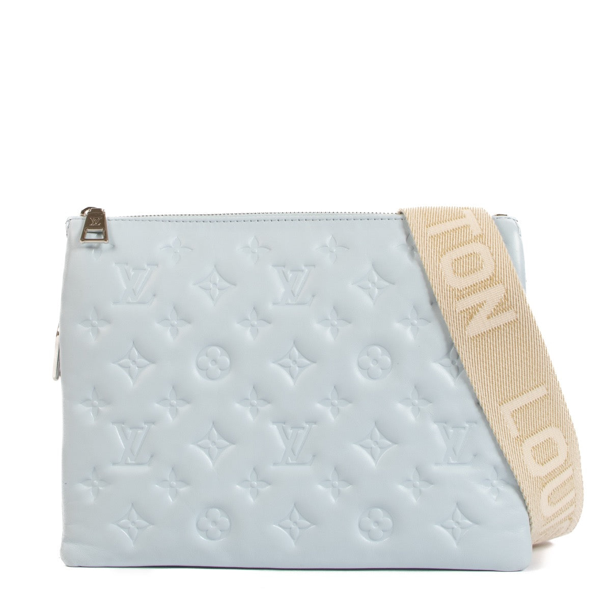 Shop safe online at Labellov in Antwerp, Brussels and Knokke this 100% authentic second hand Louis Vuitton Glacier Blue Coussin PM