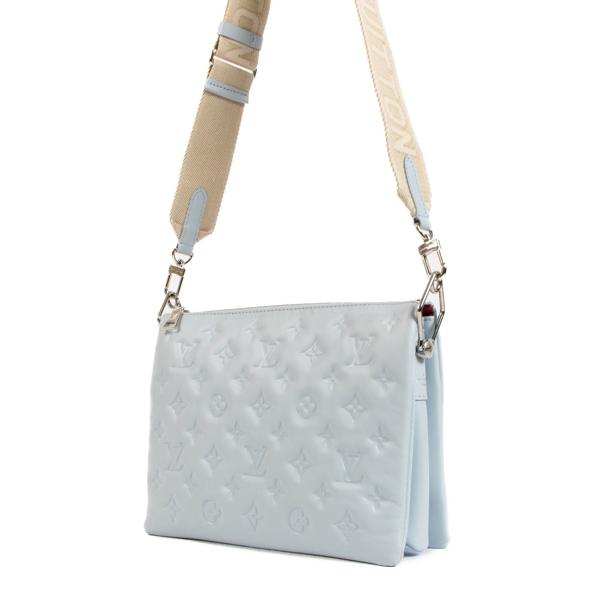 Shop safe online at Labellov in Antwerp, Brussels and Knokke this 100% authentic second hand Louis Vuitton Glacier Blue Coussin PM