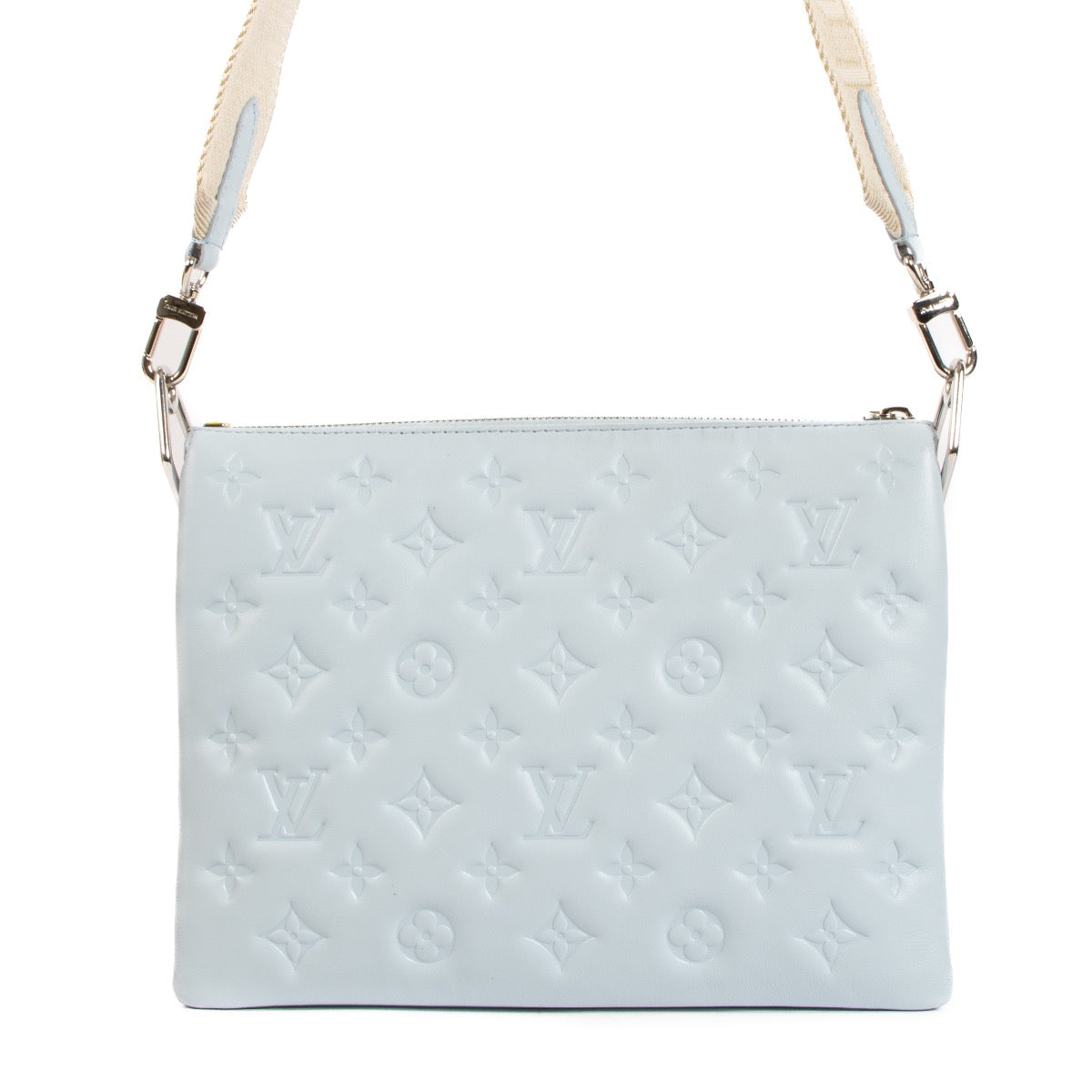 Shop safe online at Labellov in Antwerp, Brussels and Knokke this 100% authentic second hand Louis Vuitton Glacier Blue Coussin PM