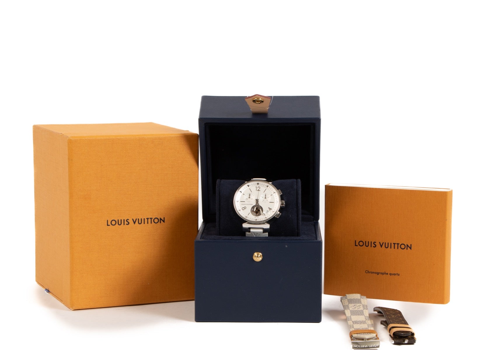 shop safe online at Labellov in Antwerp, Brussels and Knokke this 100% authentic second hand Louis Vuitton Tambour Moon Watch + Straps