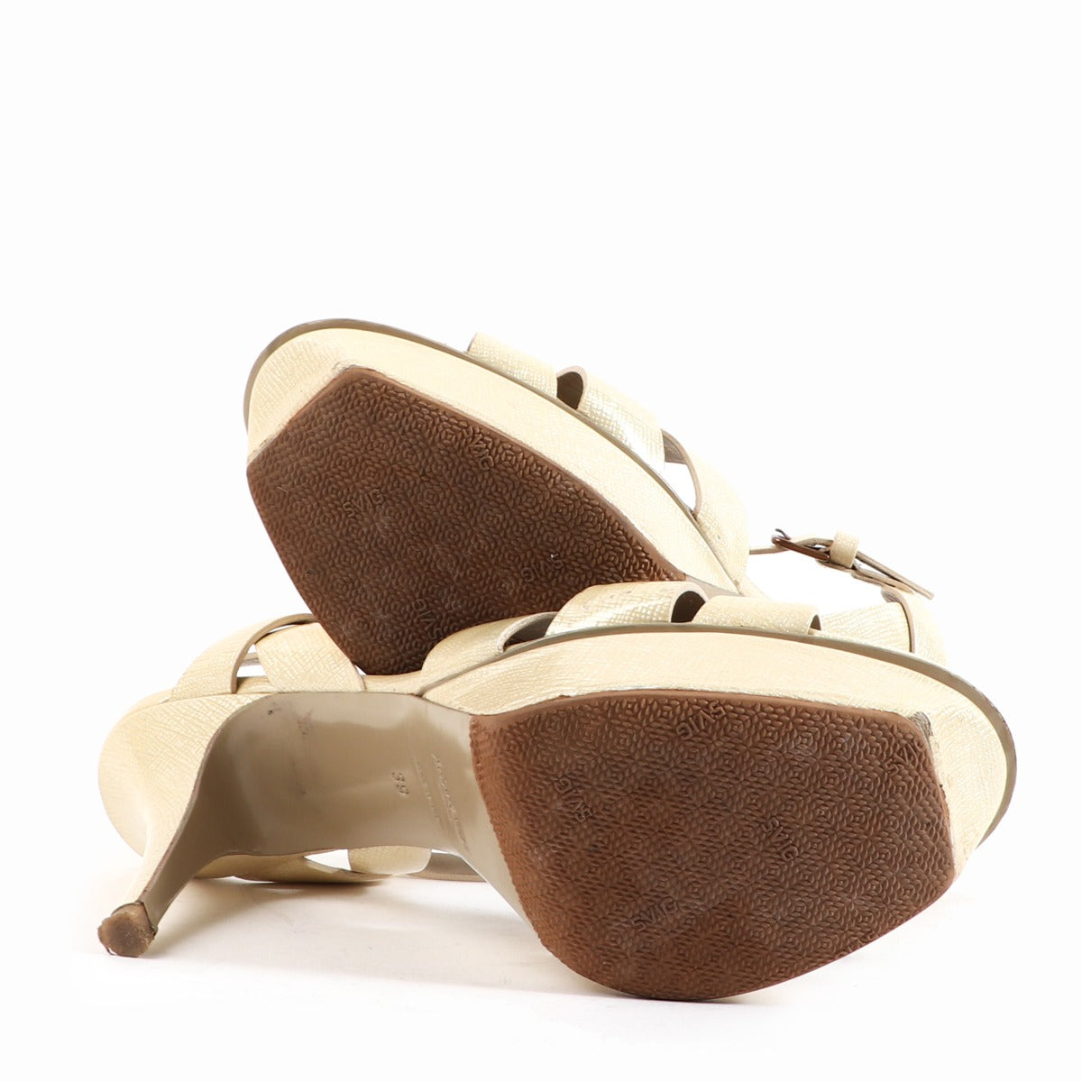 Buy authentic second-hand Yves Saint Laurent Beige Patent Leather Tribute Sandals in Size 39 in very good condition at Labellov in Antwerp.