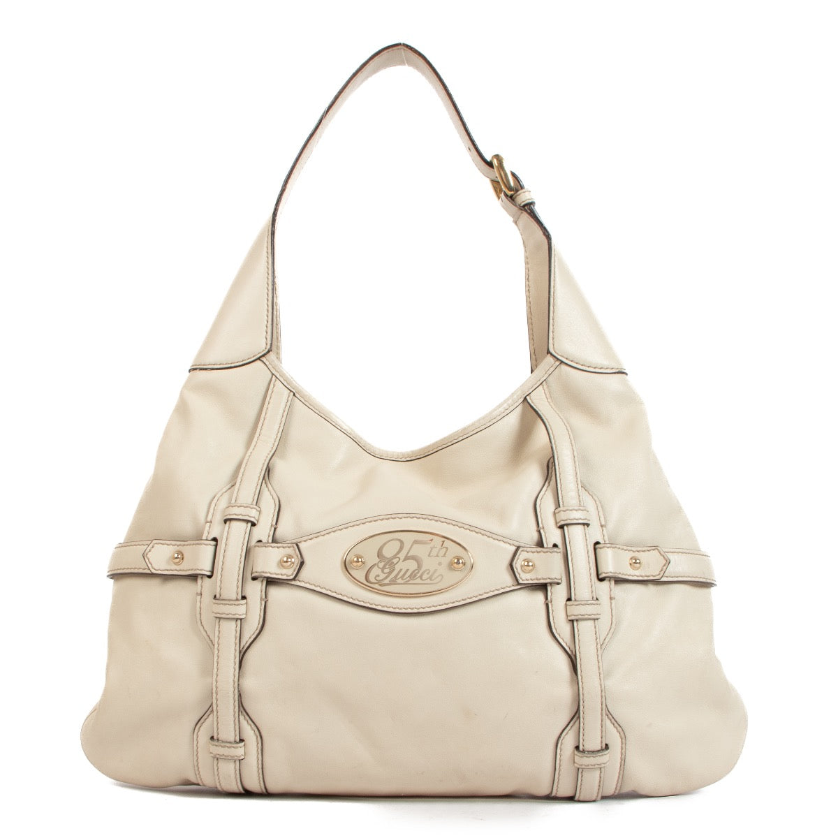 Shop safe online at Labellov in Antwerp, Brussels and Knokke this 100% authentic second hand Gucci Beige Leather 85th Anniversary Hobo Shoulder Bag