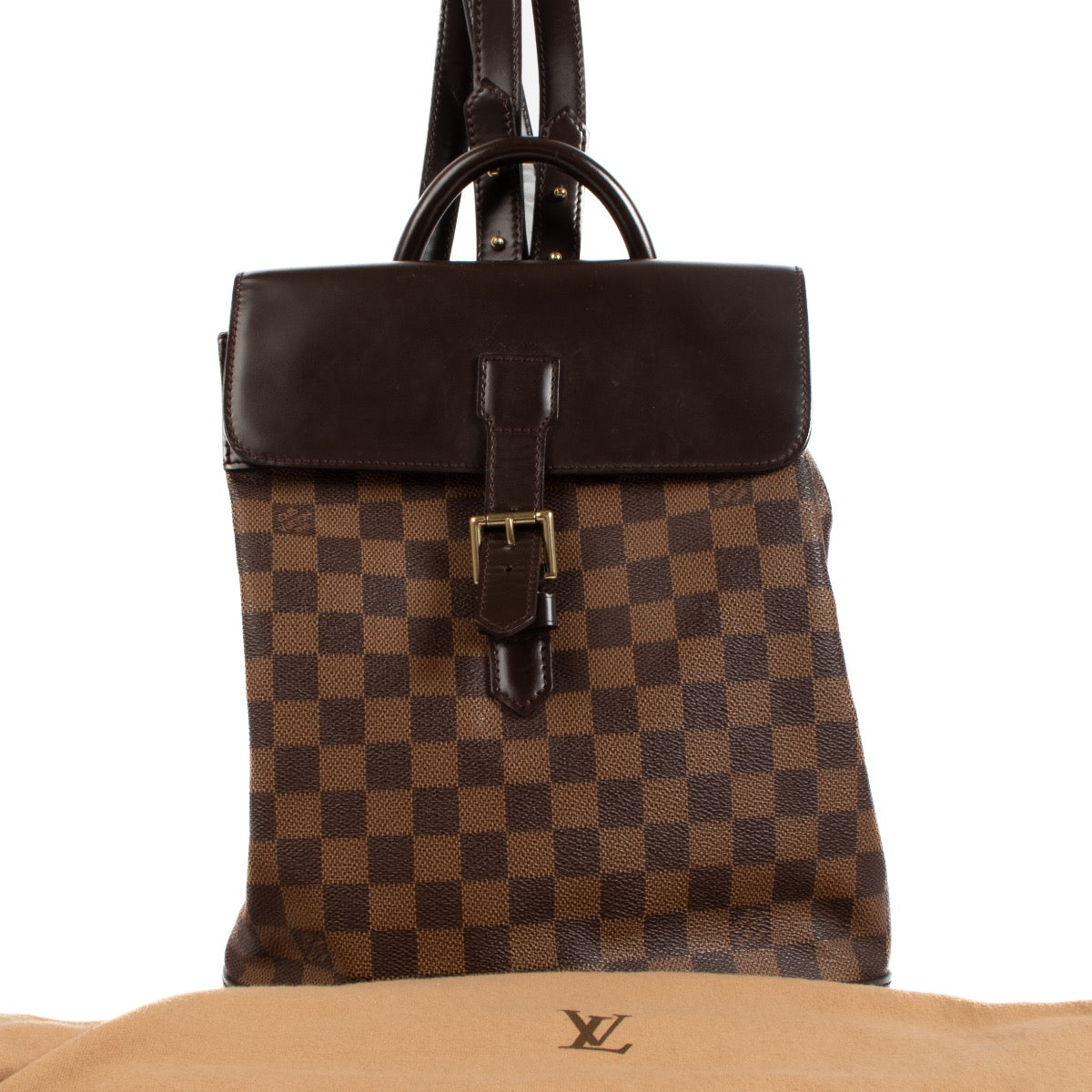 shop safe online at Labellov in Antwerp, Brussels and Knokke this 100% authentic second hand Louis Vuitton Damier Ebene Canvas Soho Backpack