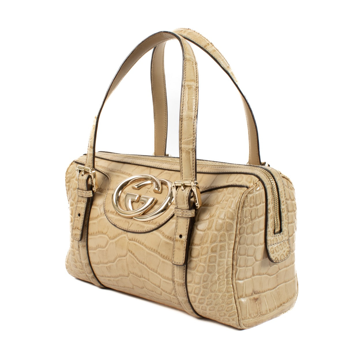 Shop safe online at Labellov in Antwerp, Brussels and Knokke this 100% authentic second hand Gucci Beige Alligator Britt Boston Bag . Veilig online tweedehands authentieke Gucci Beige Alligator Britt Boston Bag handtas kopen bij Labellov.