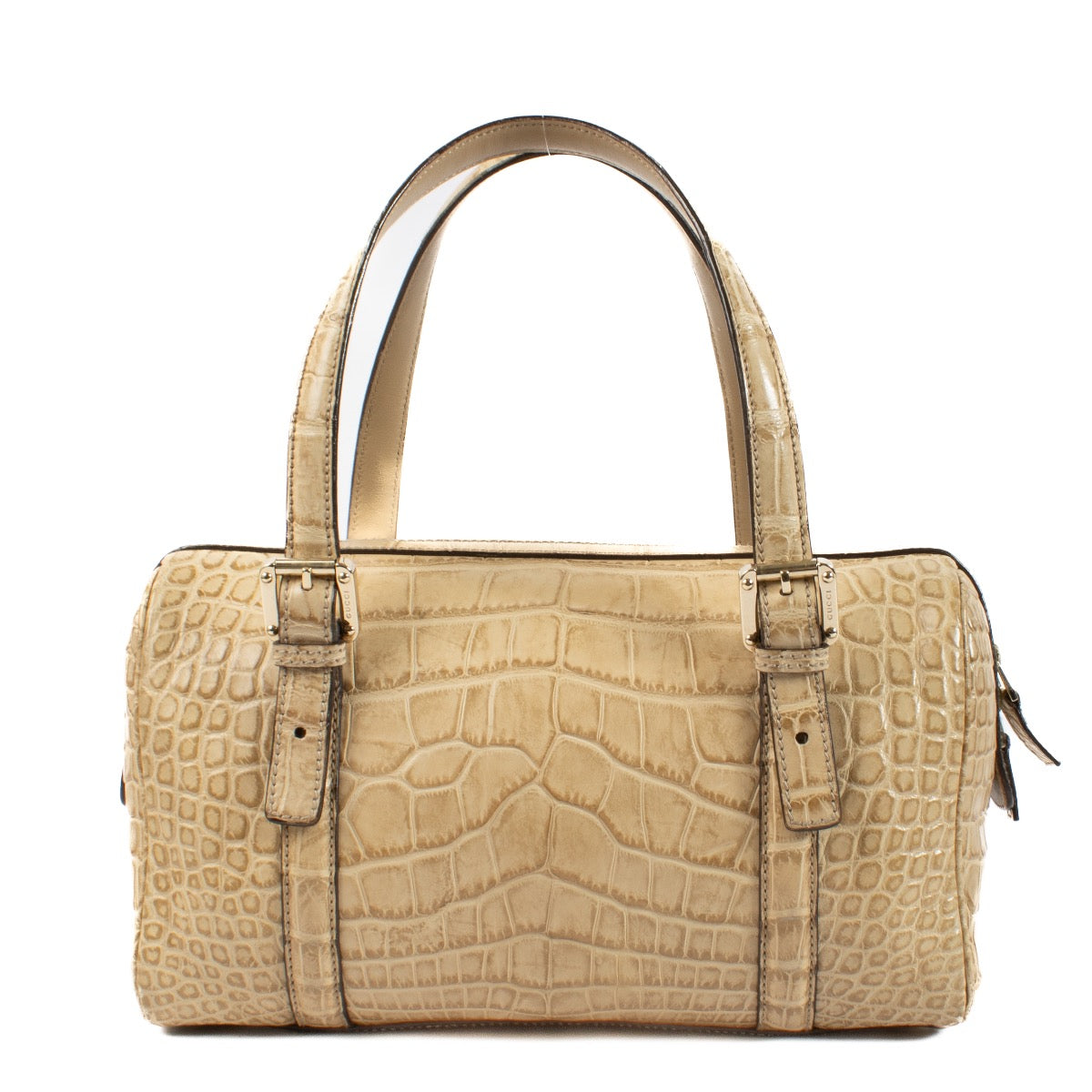 Shop safe online at Labellov in Antwerp, Brussels and Knokke this 100% authentic second hand Gucci Beige Alligator Britt Boston Bag . Veilig online tweedehands authentieke Gucci Beige Alligator Britt Boston Bag handtas kopen bij Labellov.