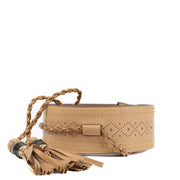 Gucci beige leather belt with bamboo and tasseled accents, finished with gold-tone hardware.