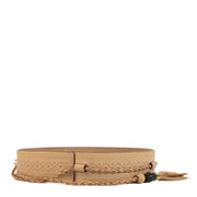 Gucci beige leather belt with bamboo and tasseled accents, finished with gold-tone hardware.