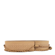 Gucci beige leather belt with bamboo and tasseled accents, finished with gold-tone hardware.