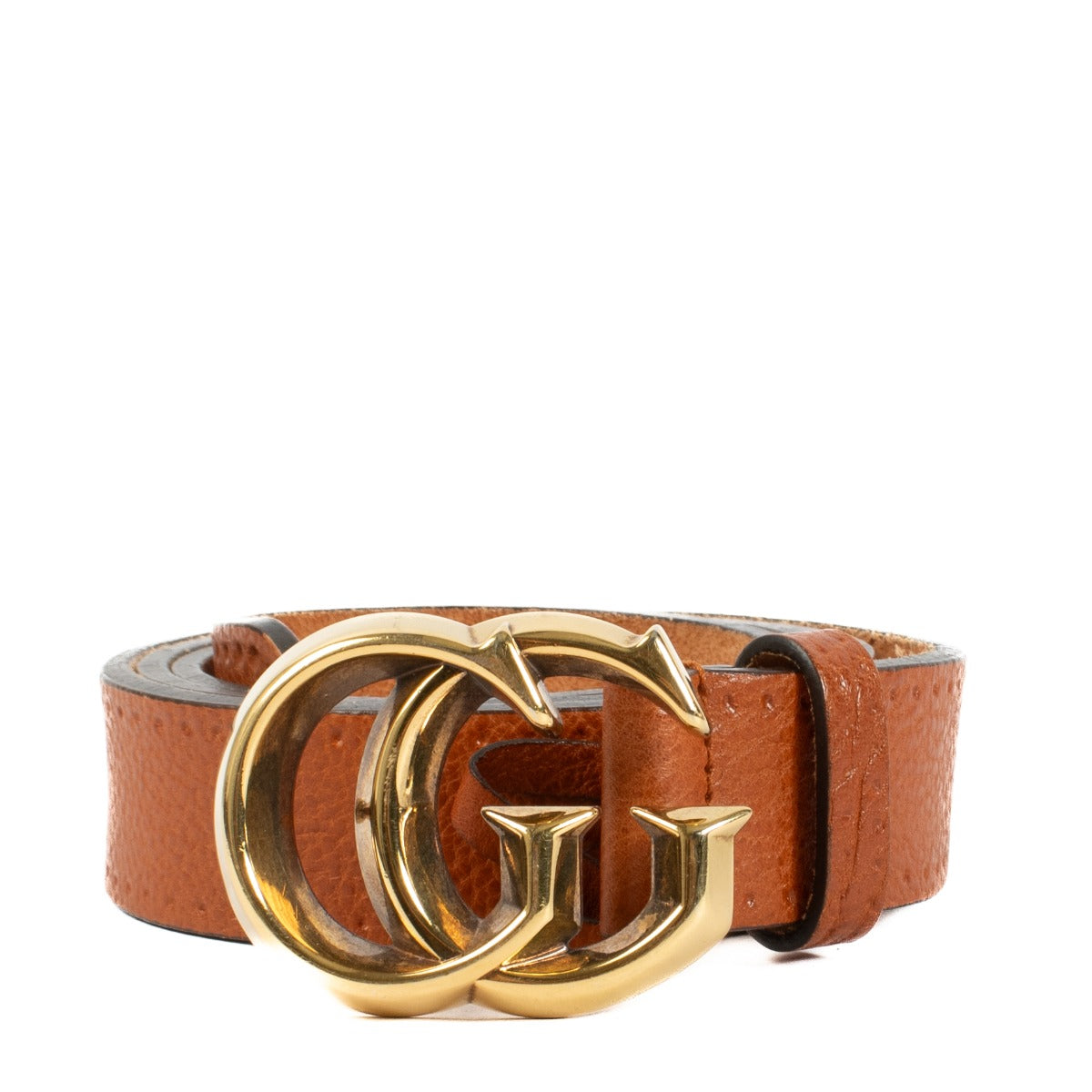 Gucci Orange Leather Buckle Belt, size 95, with gold-tone hardware and iconic Gucci logo. In excellent condition with minor scratches on the hardware. Shop at Labellov.com.
