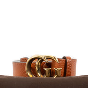 Gucci Orange Leather Buckle Belt, size 95, with gold-tone hardware and iconic Gucci logo. In excellent condition with minor scratches on the hardware. Shop at Labellov.