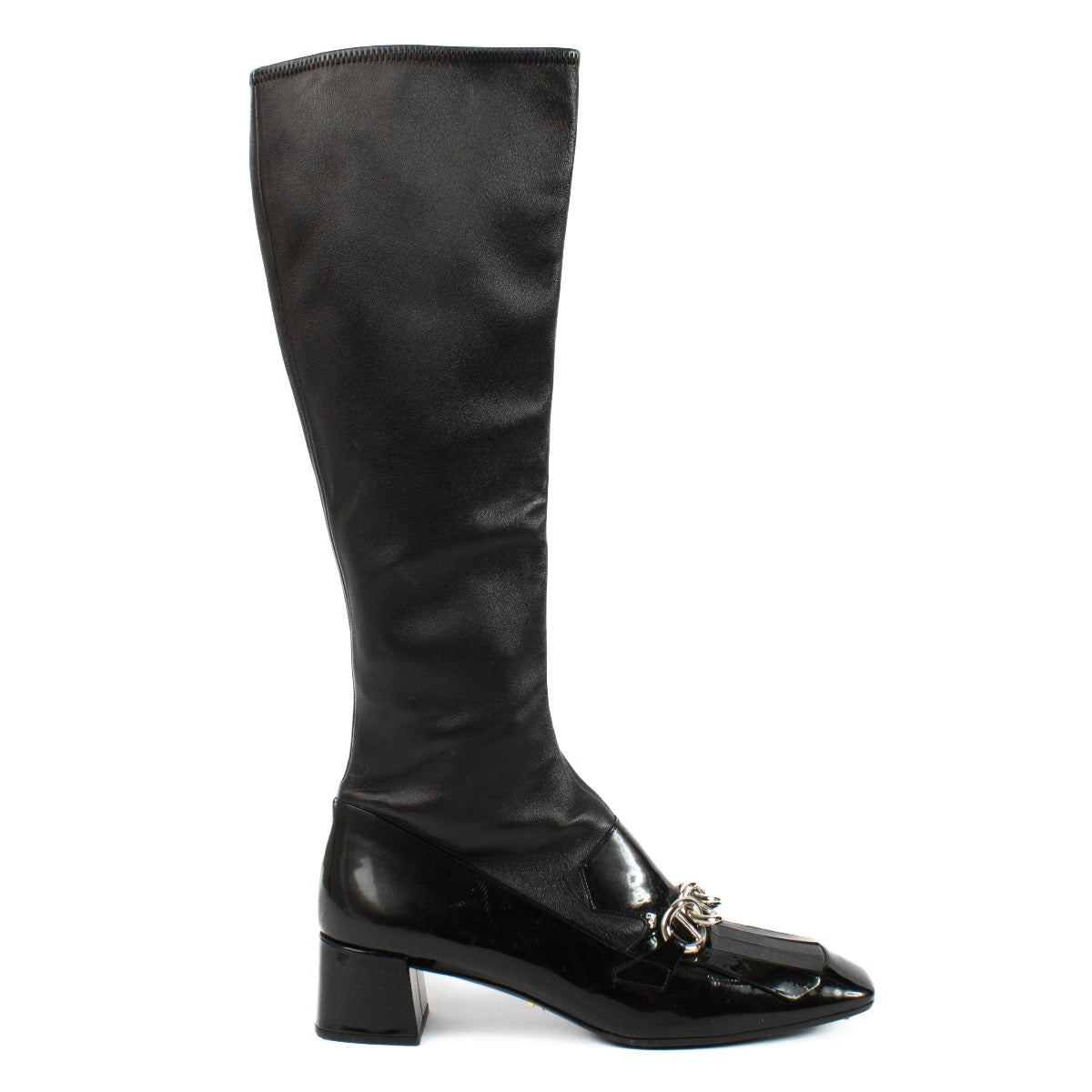 Prada knee-high boots in size 41, crafted from elastic leather. Stylish and timeless. Shop at Labellov.
