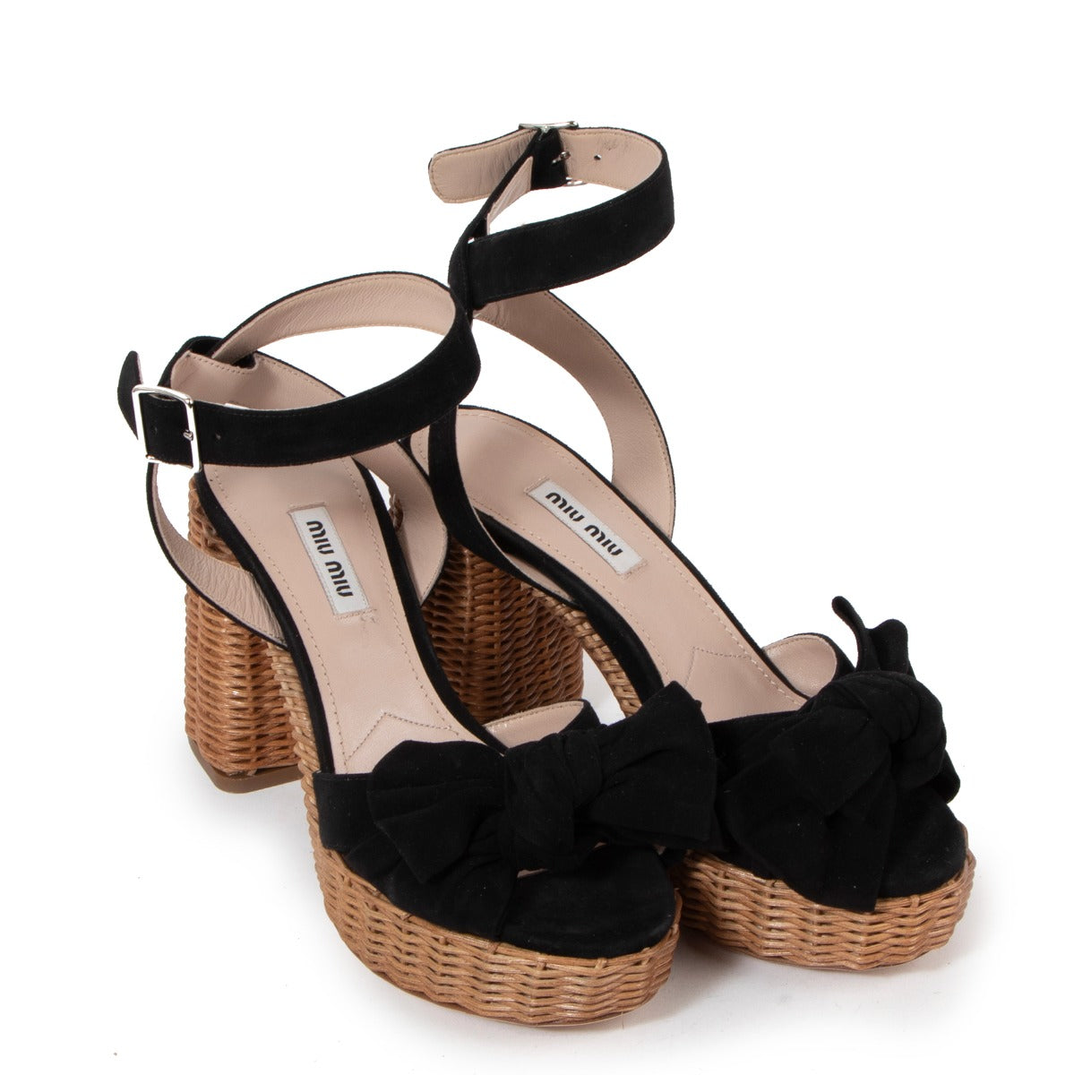 Miu Miu Black Suede Straw Platform Sandals