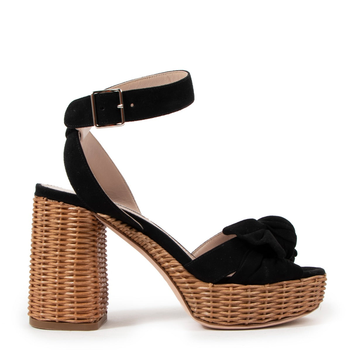 Miu Miu Black Suede Straw Platform Sandals