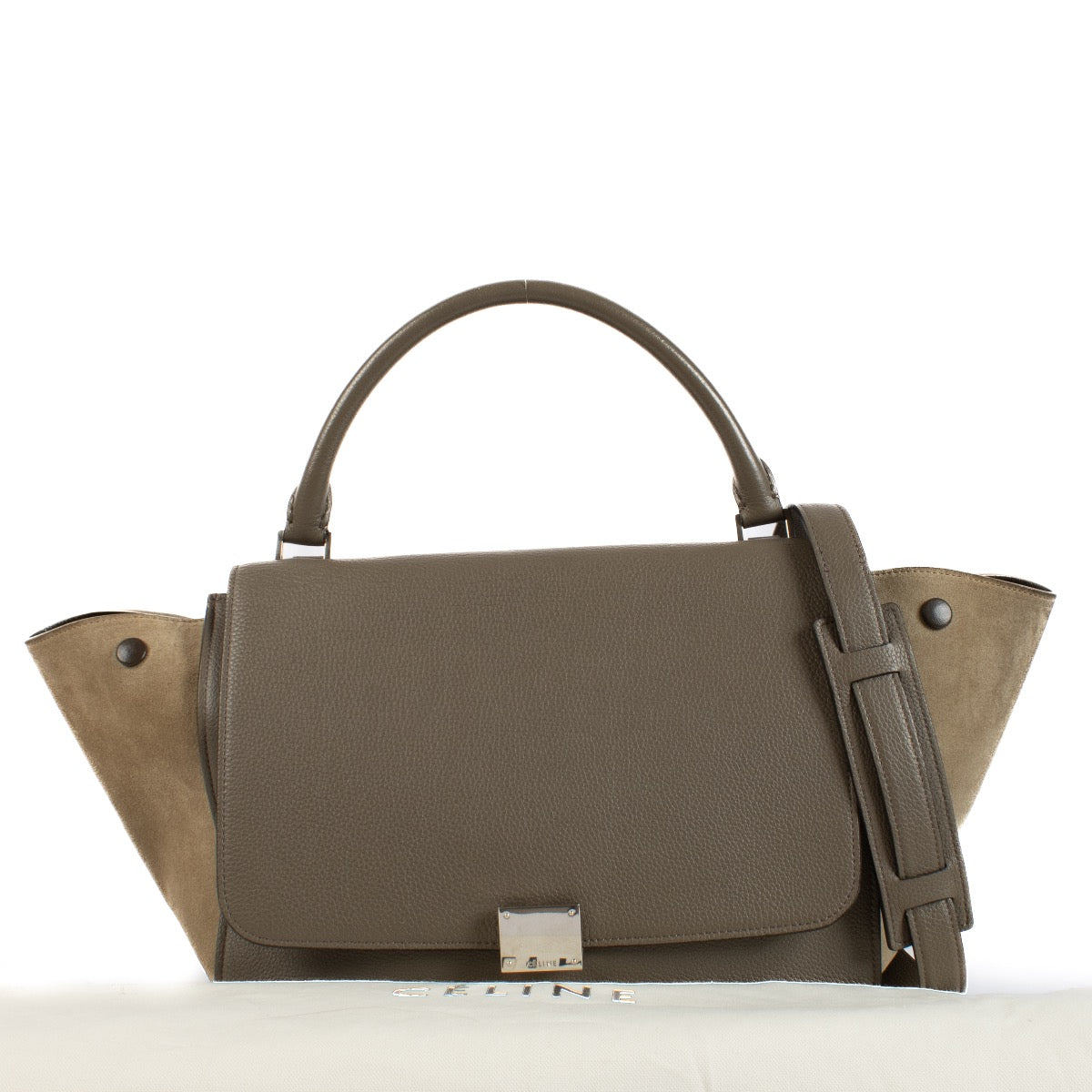 Shop safe online at Labellov in Antwerp, Brussels and Knokke this 100% authentic second hand Céline Taupe Leather & Suede Small Trapeze Shoulder Bag