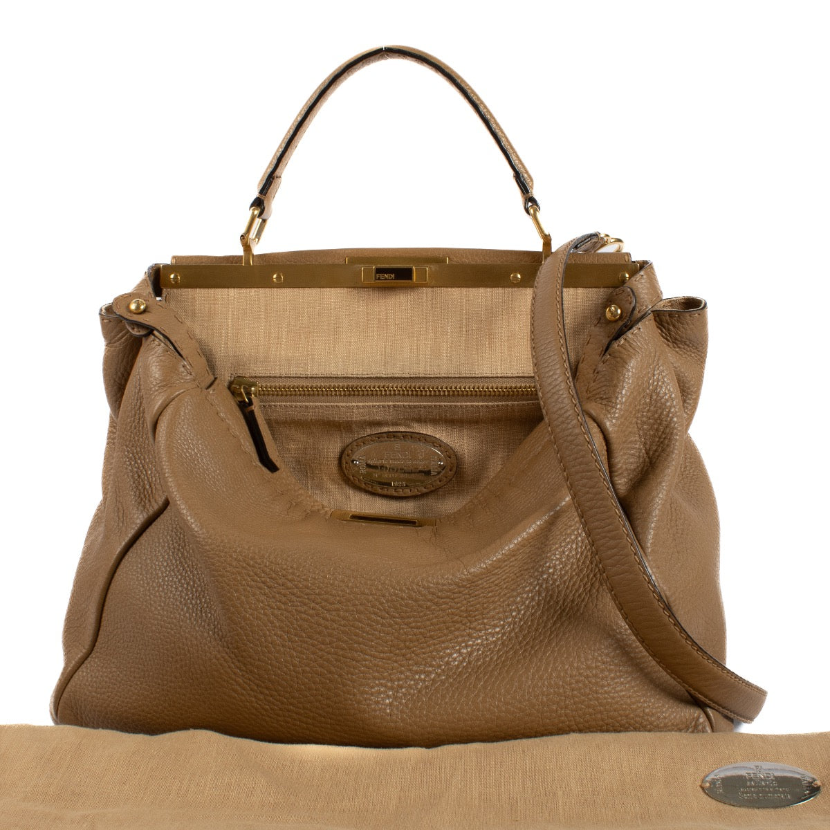 Shop safe online at Labellov in Antwerp, Brussels and Knokke this 100% authentic second hand Fendi Camel Peekaboo Large Bag