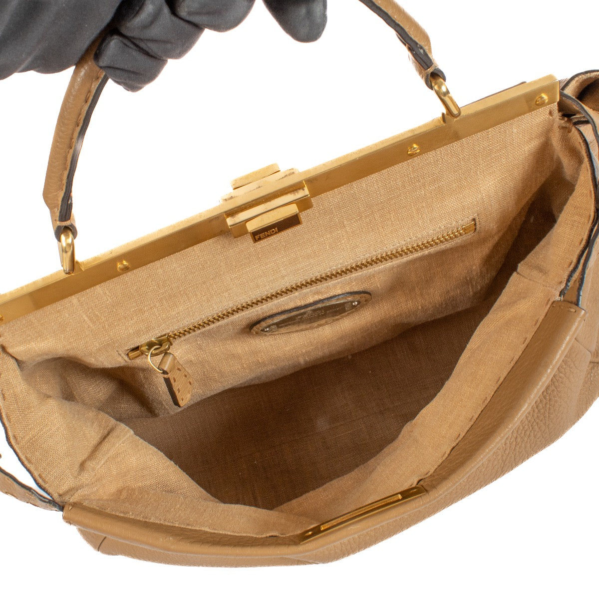 Shop safe online at Labellov in Antwerp, Brussels and Knokke this 100% authentic second hand Fendi Camel Peekaboo Large Bag