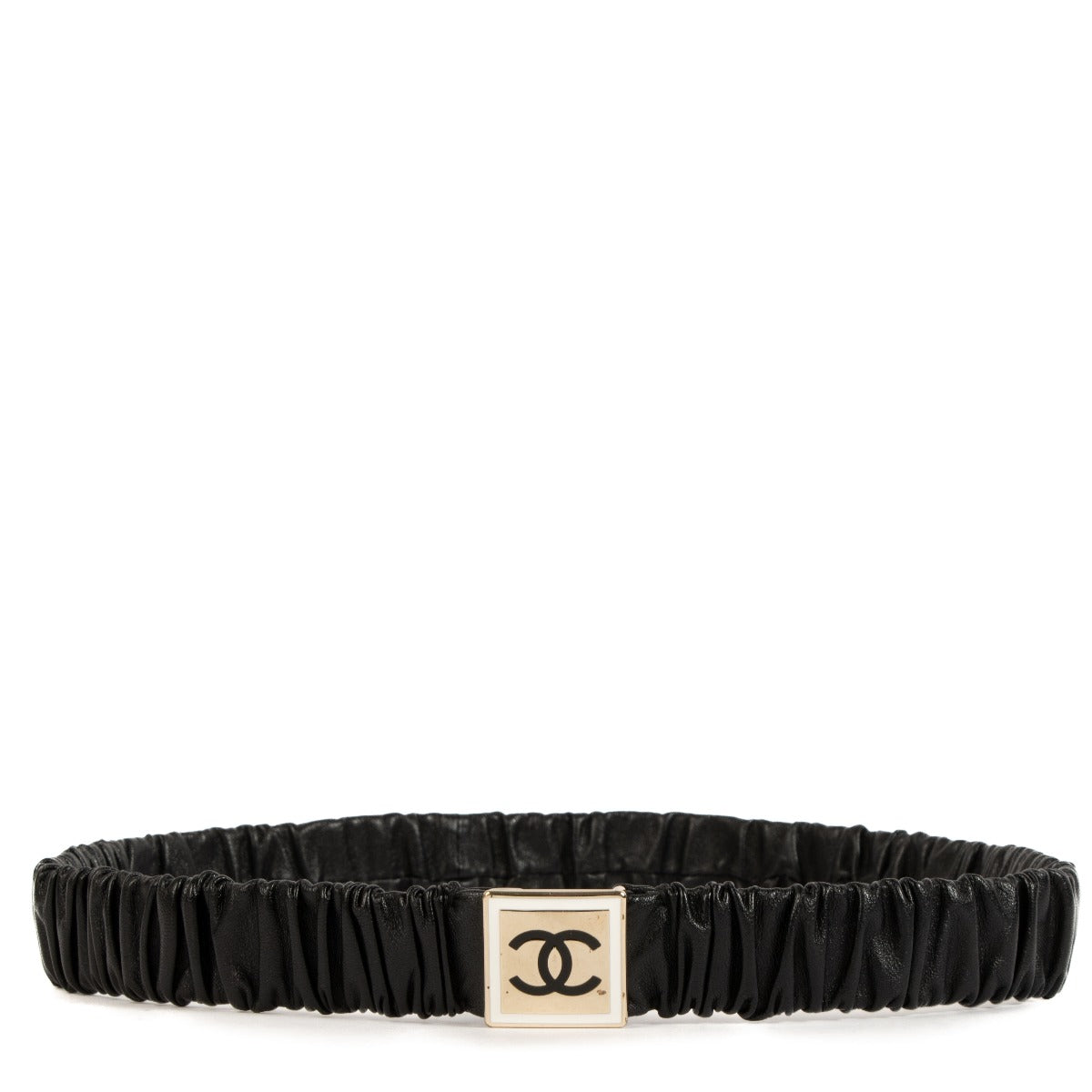 Shop 100% authentic Chanel Black Logo Ruched Belt at Labellov.com.