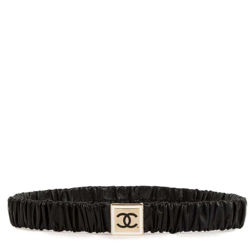 Shop 100% authentic Chanel Black Logo Ruched Belt at Labellov.com.