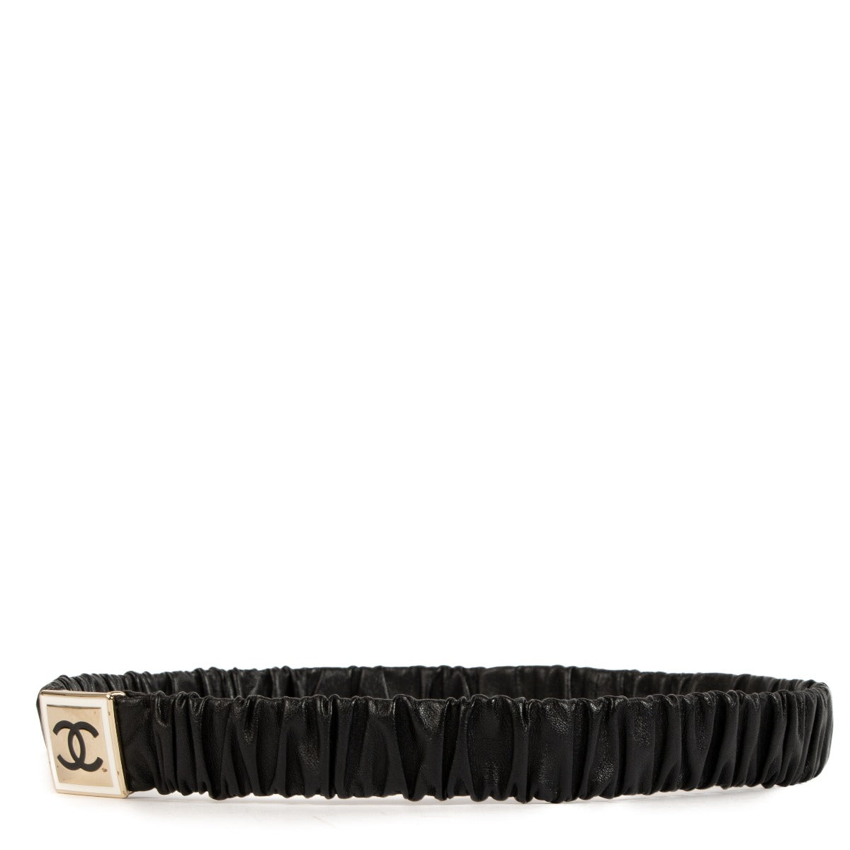 Shop 100% authentic Chanel Black Logo Ruched Belt at Labellov.com.